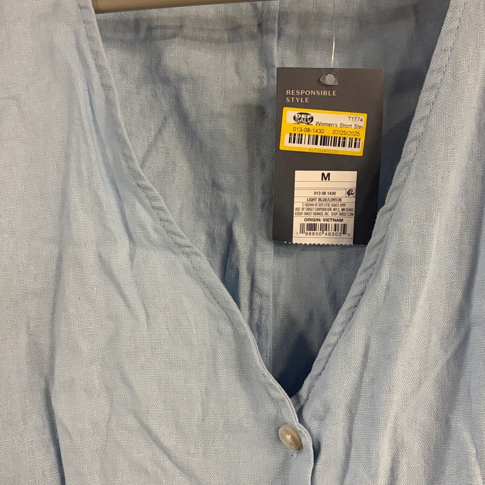 Short Sleeve Button-Front Mini A-Line Dress - Light Blue M - Picture 4 of 4